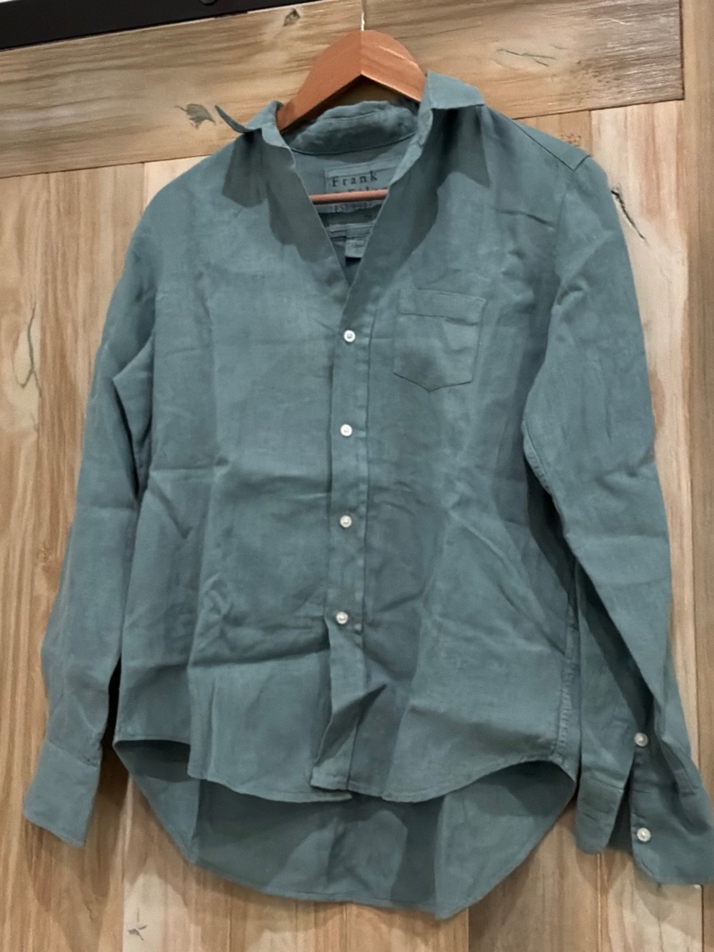 Frank & Eileen teal green linen button up, New
